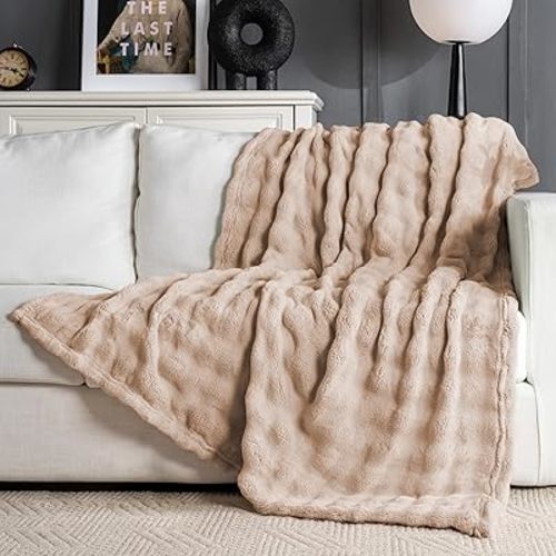 Brown Faux Fur Throw Blanket for Couch, Soft Fluffy Bubble Blanket for Bed Sofa, Thick Warm Plush Fuzzy Rabbit Fur Blanket for Neutral Home Decor, 50"X 60"