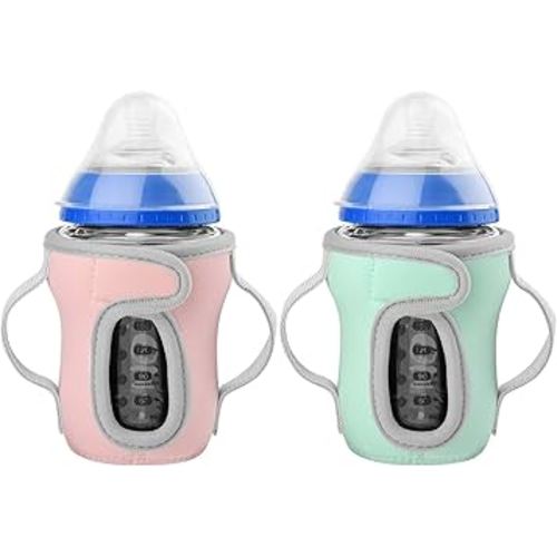 Beautyflier Glass Baby Bottle Sleeve Covers for 9oz Nature Baby Bottles with Dual Handle, 3.8mm Thicken Heat and Cold Retention Baby Bottle Sleeve (Pink+Green)
