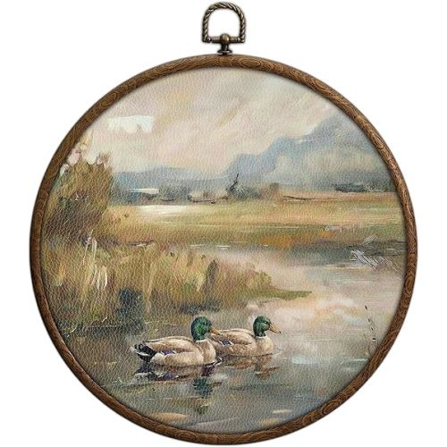 Mallard Ducks in The River Round Wall Decor, Vintage Wall Art, Retro Cottage Core Decor, Boho Circle Hanging Decors with Hook for Home Living Room Bedroom Kitchen Bathroom Office Dorm, 13