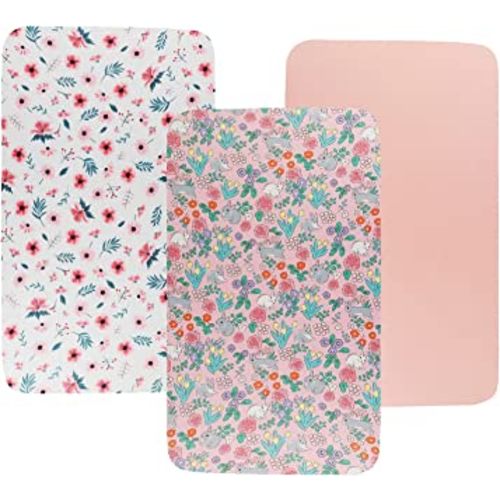 Bassinet Sheet Set 3 Pack (32" x 19") Compatible with Mika Micky, Baby Delight, Dream On Me Bassinet Mattress, Jersey Knit Ultra Soft Flexible for Baby Girls,Floral,Grey Rabbit & Pink