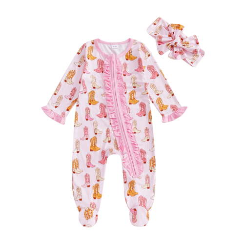 BemeyourBBs Newborn Baby Girls Western Cowgirl Outfits Ruffle Footed Romper Long Sleeve Boots Print Zipper Footie Jumpsuit Headband Spring Fall Winter Clothes