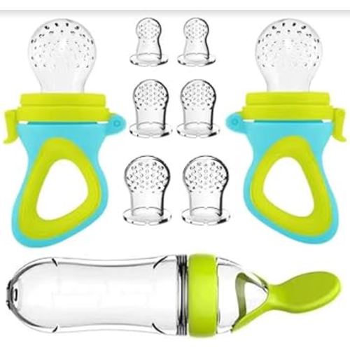 9 Pcs Baby Spoon/Pacifiers Feeder Set with 3 Different Sized Silicone Pacifiers and replacements, 1 Soft Tip Silicone Infant Spoon for Teething Feeding Set Pink/White (Teal/Green)