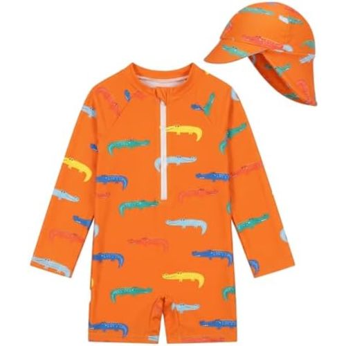 WYTbaby Baby Boy Rash Guard Swimsuit Set with Sun Hat, Long Sleeve One Piece Zipper Sunsuit for Infant Toddler 0-3T