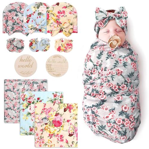 DRESHOW BQUBO Floral Swaddles for Baby Girl Newborn Receiving Blanket with Bow Hat Mittens Wooden Birth Announcement Card Set Baby Floral Print Swaddle Nursery Swaddle Wrap