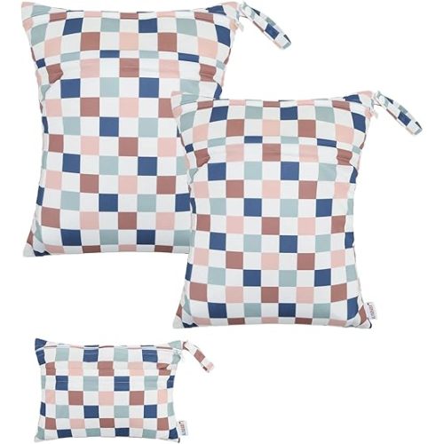 ALVABABY 3 pcs Cloth Diaper Wet Dry Bags Waterproof Reusable with Two Zippered Pockets Travel Beach Pool Daycare Soiled Baby Items Yoga Gym Bag for Swimsuits or Wet Clothes Small Medium Large 3L-SML12