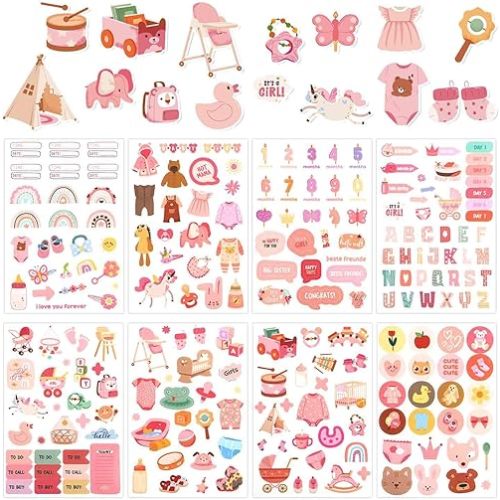 8 Sheets Baby Girl Scrapbook Stickers, Various Patterns