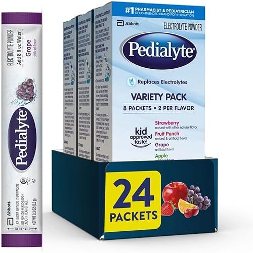 Pedialyte Electrolyte Powder, Hydration Drink for Kids & Adults, Variety Pack: Strawberry, Fruit Punch, Grape, and Apple, 24 Powder Packets