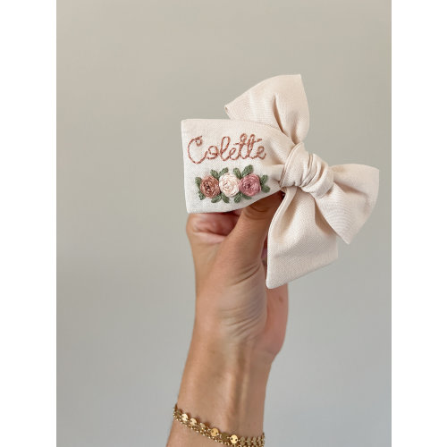 Floral Hand Embroidered Name Bow: Custom Baby Girl Announcement