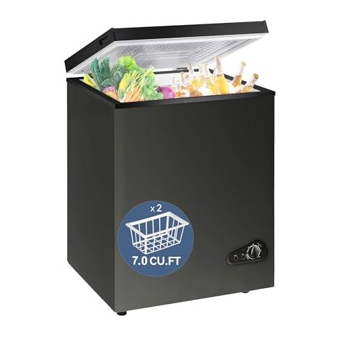 7.0 Cu Ft Chest Freezer - Energy Saving Quiet Top Open Door Mini Freezer Adjustable 6 Thermostat - Compact Small Deep Freezer w/Removable Basket and Defrost Water Drain for Home/Apartment/Garage