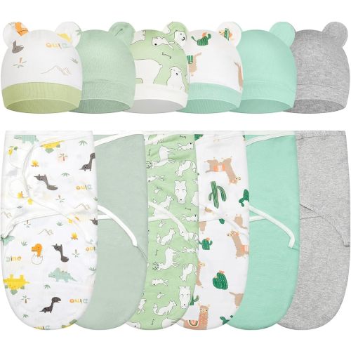 Ramede 6 Pack Swaddle Blanket with Hats for Baby Girl Boy 100% Cotton Swaddles 0-3 Months, Adjustable Breathable Skin Friendly Receiving Blanket Wrap, Essential for Newborns(Alpaca,Green)