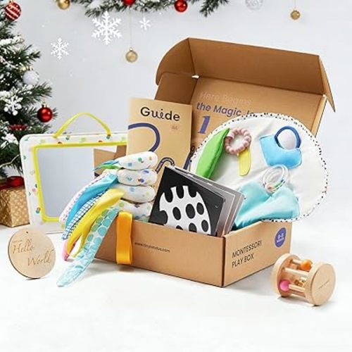 Tiny Land Montessori Baby Toy Set 0-3 Months Newborn Development Sensory Play Kit - 5-in-1 Mirror, Black & White Card Set, Rolling Bell, Play Mat, and Bed Wrap