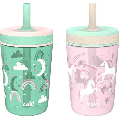 Zak Designs Kelso Toddler Cups For Travel or At Home, 15oz 2-Pack Durable Plastic Sippy Cups With Leak-Proof Design is Perfect For Kids (Fanciful Unicorn, Happy Skies)