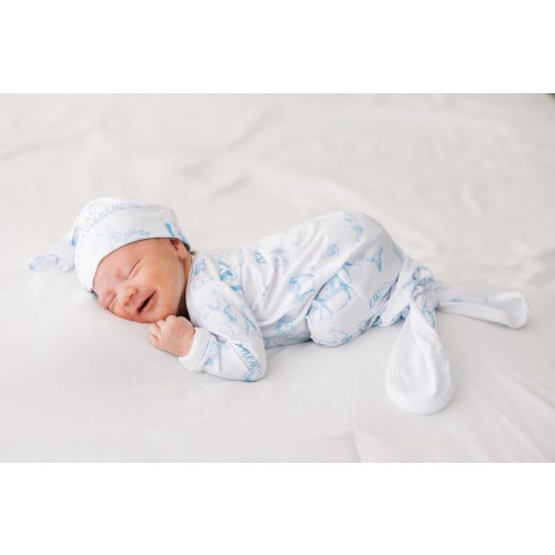 Personalized Western Toile Tie-Bottom Baby Gown for Boys, Light Blue Cowboy Print, Soft Knit Material, Unique Shower Gift