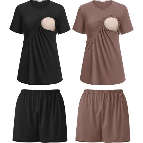 Ekouaer Nursing Pajamas 2 Pack Maternity Sleepwear Double Layer Short Sleeve Breastfeeding Clothes Tops & Shorts Pjs M Black/Brown