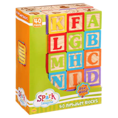 Spark Create Imagine Wooden ABC Blocks 40 Pieces for Learning Alphabet Numbers Shapes