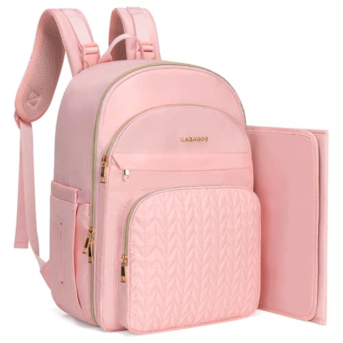 KABAQOO Baby Diaper Bag Backpack, Waterproof Diaper Backpack for Mom & Dad with Changing Pad, Insulated Pockets and Stroller Straps, Baby Shower Gifts for Girls & Boys, Pink