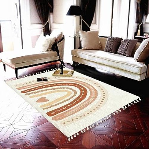 Scandinavian Boho Rainbow Print Nursery Rug Neutral Area Rug 4x6 Minimalist Kids Playroom Rugs Neutral Rugs Home Decor for Living Room, Bedroom, Patio, Indoor Outdoor