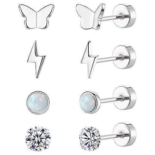 MJust Flat Back Titanium Earrings for Women & Men, 4 Pairs Hypoallergenic Titanium Earrings for Sensitive Ears, Screw Back Cartilage Earrings Set with CZ & Opal
