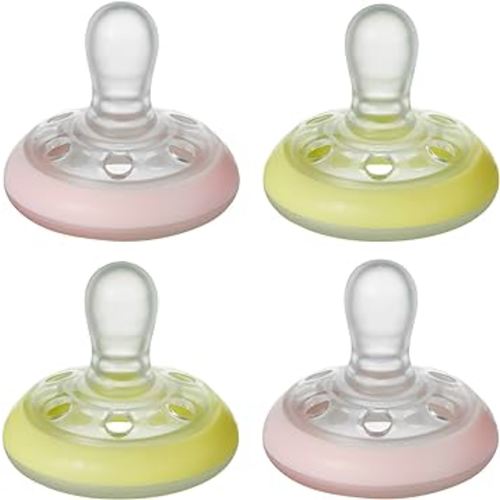 Tommee Tippee Breast-Like Night Pacifier, 0-6 Months, Breast-Like Baglet, BPA-Free Binkies, Glow in The Dark Technology, Pink/Yellow, Pack of 4