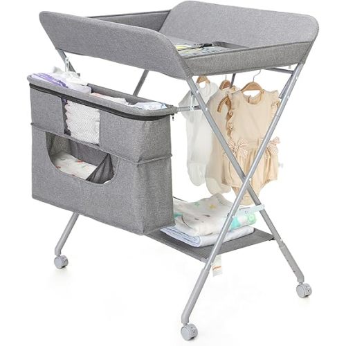Portable Baby Changing Station with Adjustable Height - Foldable Diaper Table with Wheels,Waterproof Pad, Safety Belt & Large Storage Racks, Ideal for Newborn and Infants (Light Grey)