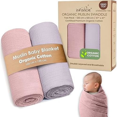 Organic Cotton Muslin Baby Blanket - 47x47 Inch Breathable Swaddle, Hypoallergenic Double-Layer, Versatile Use (Light Pink/Light Purple, 47x47 Inch)