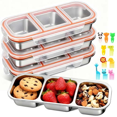 3 Pack Stainless Steel Snack Containers, 3 Compartment Metal Bento Lunch Box with 10 Mini Fruit Forks, Leak-Proof Stackable Meal Prep Containers for Kids & Adults