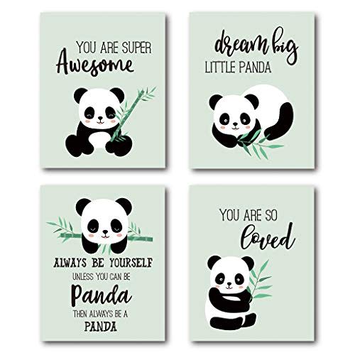 XWELLDAN Inspirational Quotes Cute Panda Wall Art Prints, Girls Boys Gifts for Nursery Kids Bedroom Classroom Decor, 8 x 10 Inch Unframed Set of 4 Prints