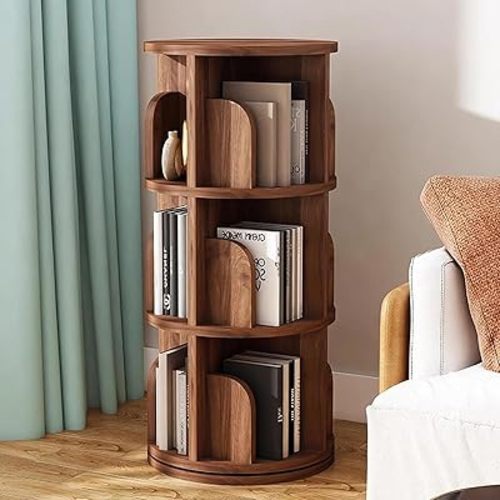 Solid Wood Rotating Bookshelf Tower,360 Display Spinning Bookcase,Corner Bookshelf for Small Space, for Bedroom Livingroom Kids, Adults,Walnut,3 Tier