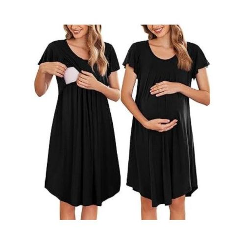 Ekouaer Nursing Nightown Labor and Delivery Gown for Hospital Pleated Breastfeeding Dress Short Sleeve Maternity Sleepwear Black M