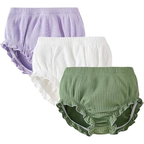 SOBOWO 3-Pack Bloomers for Baby Girls Diaper Covers Ribbed Ruffle Solid Triangle Baby Girl Shorts Summer Toddler Underwear