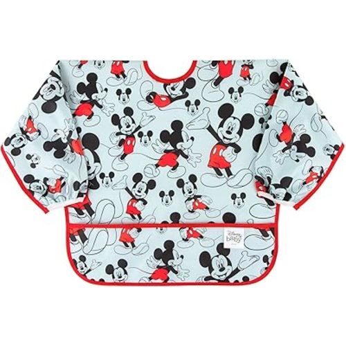 Bumkins Disney Bibs, Baby and Toddler Girls and Boys 6-24 Months, Long Sleeve, Essential Must Have for Eating, Feeding, Mess Saving Lightweight Waterproof Fabric Sleeved Smock, Mickey Mouse Classic