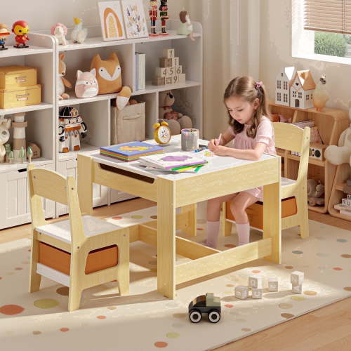 Kids Table and Chairs, Noelse Toddler Table with Storage, 3 in 1 Kids Craft Dinner Table Set for Eating, Drawing and Reading in Kids Playroom, Natural