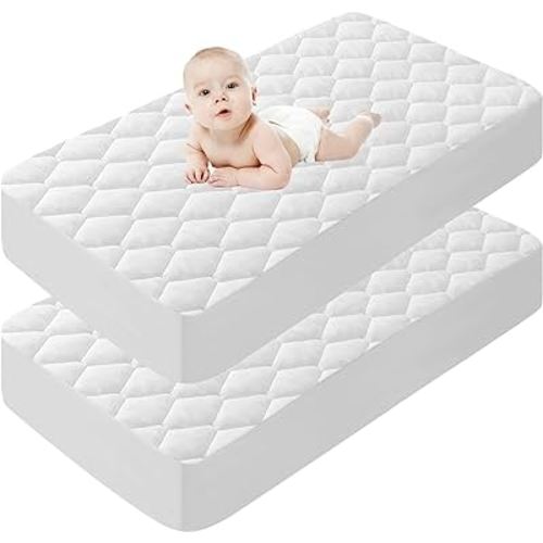 Lunsing 2 Pack Waterproof Crib Mattress Protector, Soft & Breathable Crib Mattress Pad Cover, 3-10 inches Deep Pocket, 52"x28", White