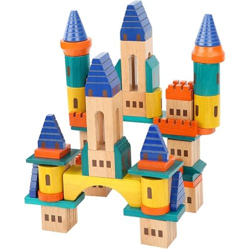 Xylolin Wooden Castle Building Blocks Set, Big Solid Beech Wood Toddlers Stacking Block Toy, Kids Construction Playset for Boys Girls 69 Pieces Set