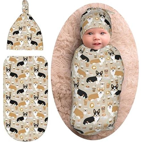 Corgi Newborn Swaddle Blanket with Hat Set Baby Stuff Receiving Blankets Soft Transition Sleep Sacks Gifts for Infant Boys Girls