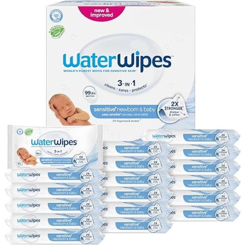 WaterWipes Sensitive+ Newborn & Baby Wipes, 3-In-1 Cleans, Cares, Protects, 99.9% Water, Unscented & Hypoallergenic, 1080 Count (18 Packs)
