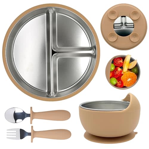 MOMERA Stainless Steel Baby Feeding Set | Suction Plate & Bowl with Spoon Fork | Divided Toddler Plate | BPA‑Free, Durable, Easy to Clean