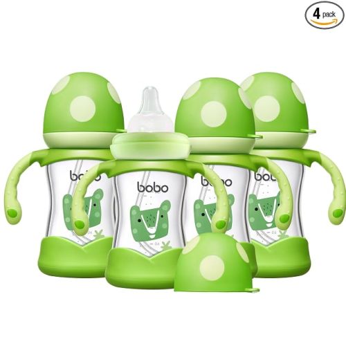 YOHKOH Natural Glass Baby Bottle with Natural Response Nipple, Wide Neck Baby Bottles with Handle, Newborn Anti-Colic Baby Bottles Gift Set, Clear (5.4oz (Pack of 4), Green)