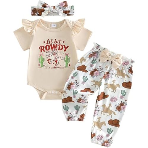 Sasaerucure Newborn Baby Girl Summer Clothes Western Letter Short Sleeve Romper and Pants Headband 3Pcs Cowgirl Outfit