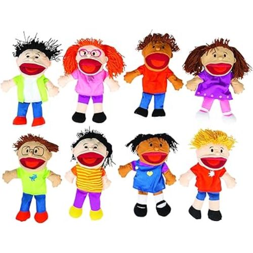 8-Piece Happy Kids Hand Puppets Set - Interactive Playtime Fun-Multi Ethnic Great for Daycare and Classrooms-Perfect for Play and Learning, Foster Creativity and Laughter