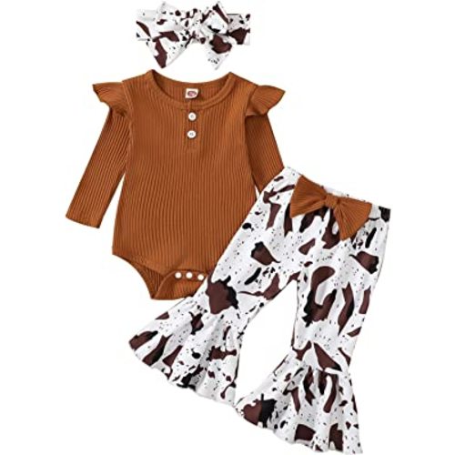 fhutpw Newborn Baby Girl Clothes Rib Frill Romper Leopard Flared Pants Set