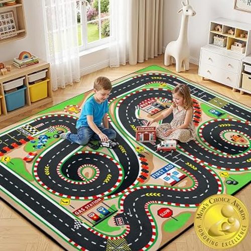 Kids Race Track Rug 5 x 7 Ft,City Road Car Play Mat with Realistic Colors,Non-Slip Floor Carpet for Playroom & Kids Room