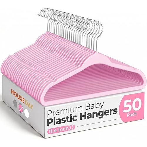 HOUSE DAY 11.4 Inch Baby Hangers 50 Pack - Plastic Kids Hangers Space Saving Thin Profile, Children Closet Organizers with Rotatable Hook of 360°, Heavy Duty for Toddler Clothes Nursery - Pink