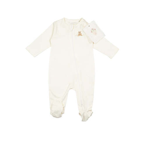 Pima Embroidered Footie in Pearl Flower Bear