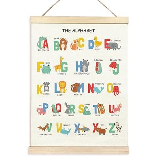 Educational Alphabet Poster Hanger Frame, ABC Forest Woodland Safari Animals Wooden Canvas Artwork Print Hanging Sign For Girls Boys Nursery Bedroom Playroom Toddler Kids Room Decor 12X16