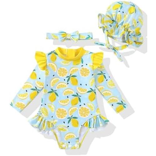 Renotemy Baby Girls Swimsuit Infant Bathing Suit with Hat Zipper Long Sleeve One-Piece Rash Guard Swimwear for Girl 3Month-3T