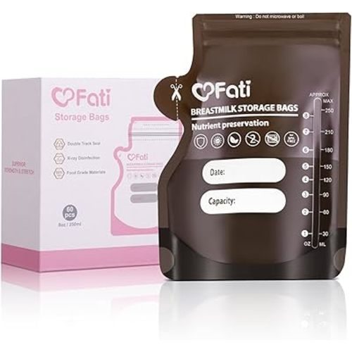 FATI Breastmilk Storage Bags-60 Pcs, 8Oz Blackout Breast Milk Storing Bag with Pour Spout for Baby Bottle Feeding/Breast Pump, No-Leak Milk Freezer Storage Pouches Self-Standing, Baby Essentials