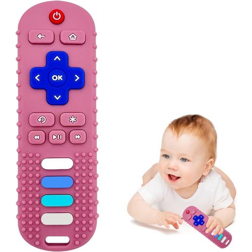 Baby Teething Toys, Food Grade Silicone Teether for Babies 3 6 12 18 Months, TV Remote Shape Toddlers Chew Toys, Freezer BPA Free (Pink RC)