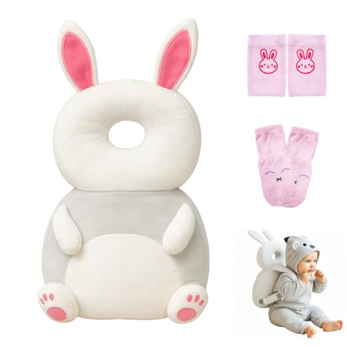 Baby Head Protector Backpack with a Pair of Non Slip Socks and Knee Pads, Baby Pillow Backpack for Falling, Crawling, Adjustable Toddler Head Protector for Infants 6–18 Months