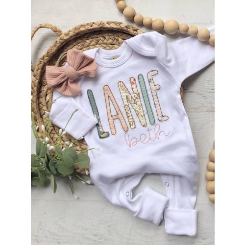 Personalized baby girl footie romper and bow set: custom coming home outfit for girl, baby shower gift, blush and sage
